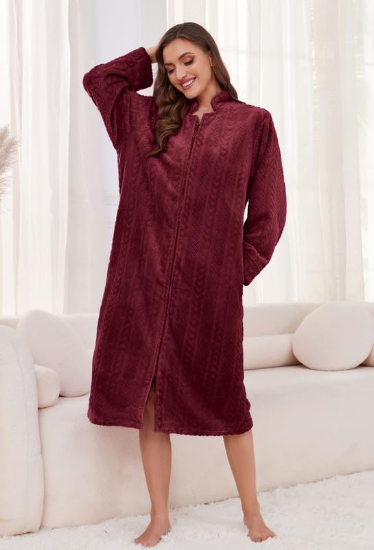 Image of LYCY Women Plush Zipper Robe, Long Fleece House Coat Nightgown with Pockets Solid Bathrobe
