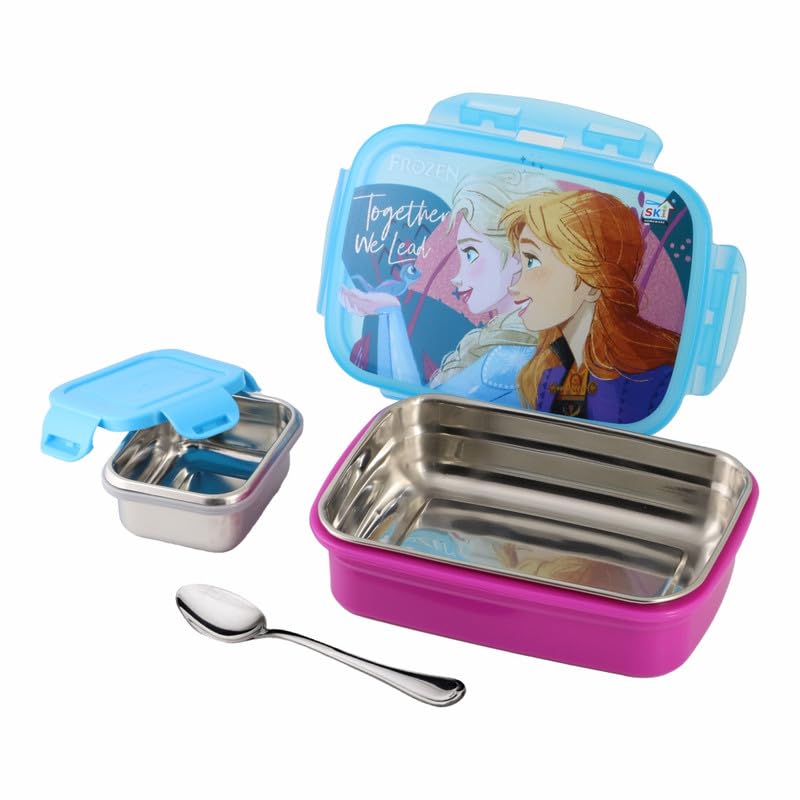 Image of SKi Homeware SnapLock Lunch Box for Kids with Stainless Steel Removable Inner Container +125ml dabbi + Spoon | Leak Resistant | Genuine Character Merchandise | Perfect for Birthday Gifts- Frozen