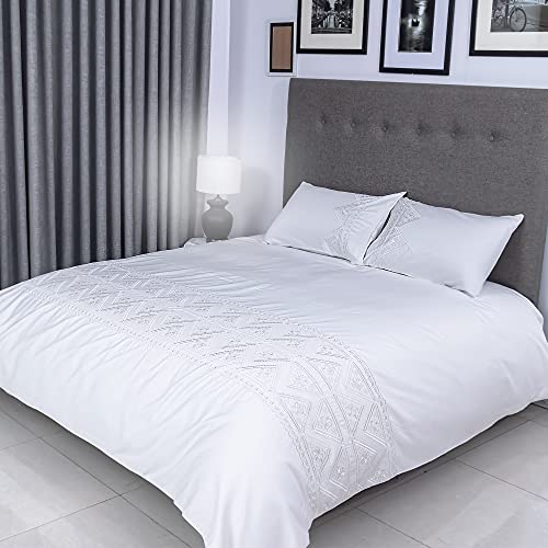 FLAX LINEN Organic Duvet Covers Set White, Triangle Hotel Collection, 400 Thread Count, Long Staple Egyptian Cotton Bedding Sets, with Hidden Button Closure, Includes 2 Pillowcases (Double)