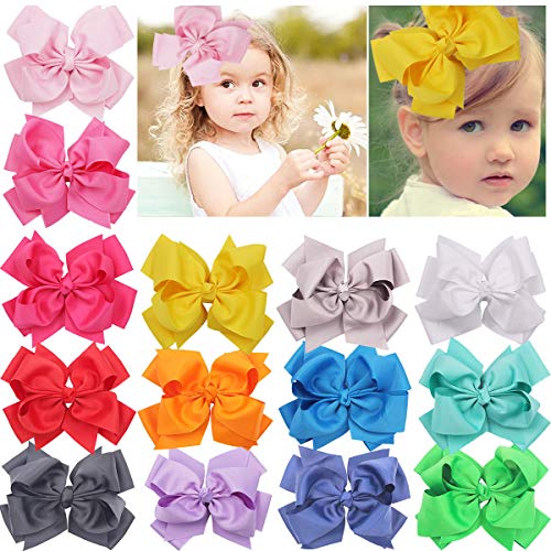 DED 14pcs 6.5" Double Layer Boutique Grosgrain Ribbon Hair Bows for Girl Big Baby Clip Bows Hair Accessories for Toddler Girls Infants Kids