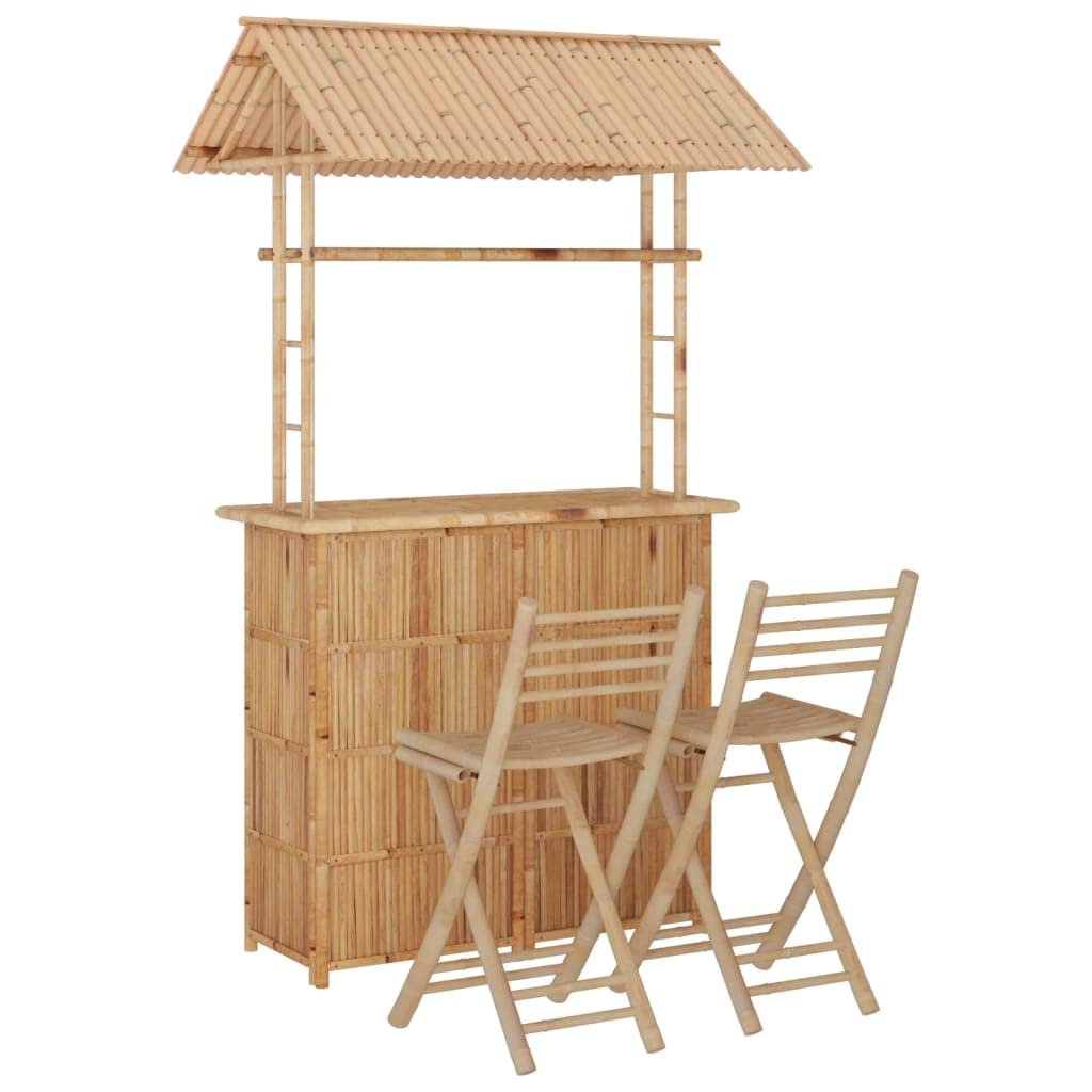 Set di 3 mobili da giardino in bambù, con 2 sedie pieghevoli e bancone da bar, 115 x 55 cm, resistente alle intemperie, per terrazza, balcone, esterni, con telaio robusto e design tropicale