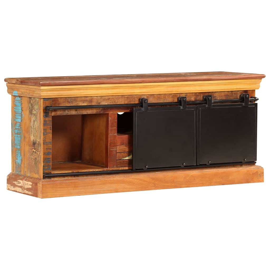 Mobile TV in legno massello riciclato stile industriale vintage con tre scomparti e un cassetto, dimensioni 110 x 30 x 45 cm in legno antico