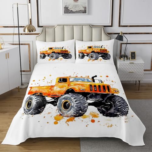 Loussiesd Yellow Monster Truck Tagesdecke 220x240cm Monster Truck Steppdecke für Kinder Jungen Mädchen Cool LKW Auto Steppdecke Cartoon Auto Wohndecke Zimmer