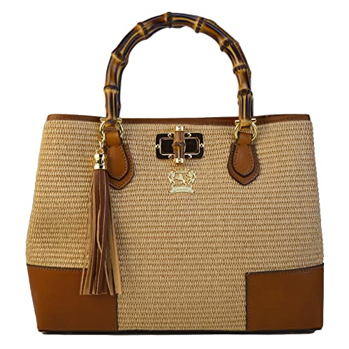 Pratesi Leather Bag for Women Sarteano Shoulder Bag Straw Hnd S291/PCE - Summer Cognac Made in Italy