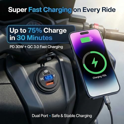 Image of SARTE Bike Mobile Charger USB Fast Charging Waterproof 12V /24V Motorcycle & Scooty Charger with LED Voltage Display Type-C PD + QC3.0 Dual Port