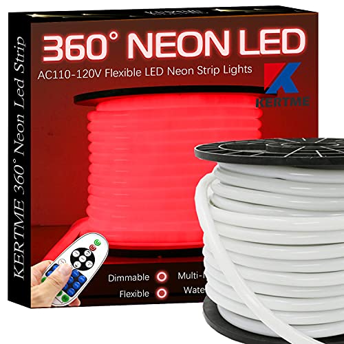 KERTME 360° Neon Led Type AC 110-120V 360 Degree NEON LED Light Strip, Flexible/Waterproof/Dimmable/Multi-Modes LED Rope Light + Remote for Home/Garden/Building Decor (16.4ft/5m, Red)