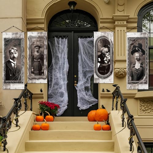 Image of Panelee 4 Pcs Halloween Gothic Banner 3D Changing Face Moving Portrait Banner Decorations Halloween Horror Scary Porch Sign Backdrop for Indoor Outdoor Haunted Wall Hanging Decor