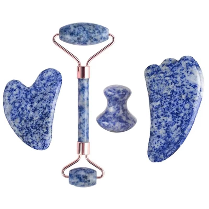 Juego de 4 rodillos de jade de obsidiana de cuarzo rosa natural, juego de piedras Gua Sha, raspador de amatista, herramientas para el cuidado de la piel