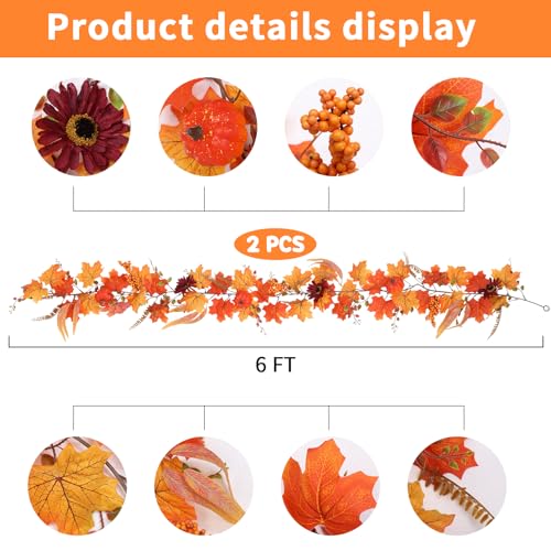 Image of RoseCraft 2PCS Fall Garland, 6FT Autumn Pumpkin Maple Leaf Garland Fall Decor, for Home Harvest Thanksgiving Fireplace Front Door Indoor Outdoor Holiday Party Decorations.