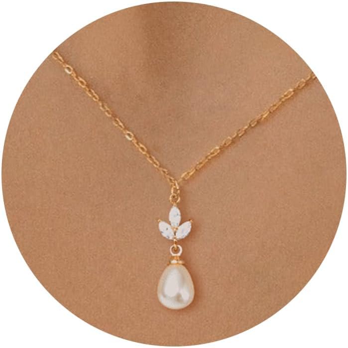 HANLI Gold Pearl Necklace for Women - 14K Gold Plated Dainty Choker CZ Pearl Pendant Nekclaces Womens Layered Bridal Ball Beaded Chain Trendy Jewelry Simple Wedding Necklaces