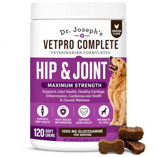 Dr. Joseph's VetPro Complete Dog Hip & Joint Wellness Supplement – High-Strength Glucosamine, MSM, Omega & Chondroitin Chews and Breeds – Vet Formulated Chicken Dog Treat - 120 Count