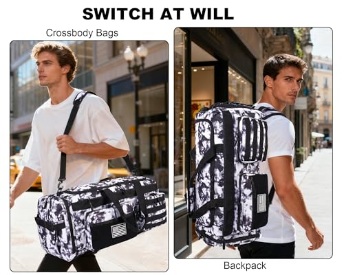 Image of LHI 50L Tactical Duffle Bag for Men, 3-in-1 Gym Duffle and Backpack, Shoe Compartment, Laptop Sleeve and MOLLE, Carry-On Travel Weekender and Overnight Bag - Black and White