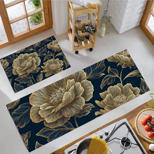 Alfombras de cocina azul oscuro florales lavables de 44×70 y 44×120 para dormitorio y pasillo 4
