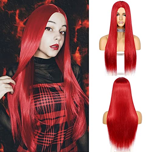 Wigoddess Red Long straight Wig, Simulated Scaip Wig, Daily Makeup Party Wig Perruque Heat Resistant Hair 22 inch Simulated Scalp Machine No-Lace Daily Wigs For Women