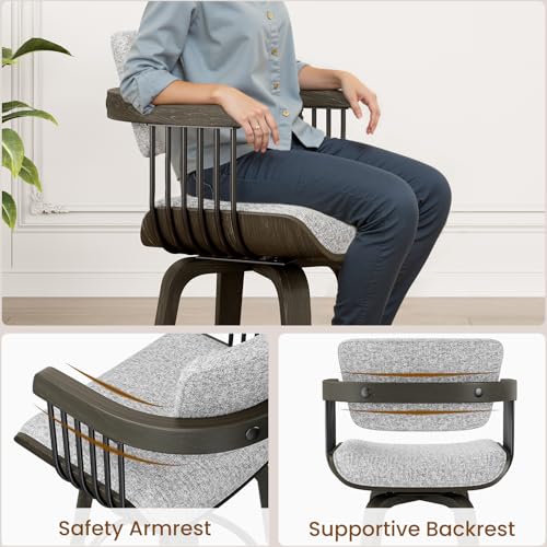 Butacos REONEY estilo mid-century, estructura de madera curvada, tapizado en tela de lino gris oscuro | Altura 26 pulgadas, giro de 360°, brazos curvos y respaldo ergonómico para islas de cocina y bares en casa miniatura 6