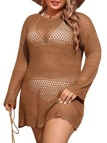 Beautife Womens Plus Size Swimsuit Cover Up Crochet Long Sleeve Mesh Knit Crew Neck Beach Coverup Dress