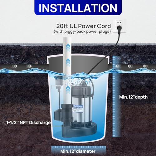 Image of Aquastrong Sewage Grinder Pump, Cast Iron Effluent Pump, Auto Float Switch for Basement Sump Basin and Sewage Well, 2 inch Discharge, Gray No Grinder with Piggy-back Plug