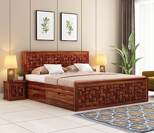 BedCult Furniture Solid Sheesham Wood King Size Cot with Storage - 12 Months Warranty -Comfortable Bed for Bedroom (King, Dutton with Storage)