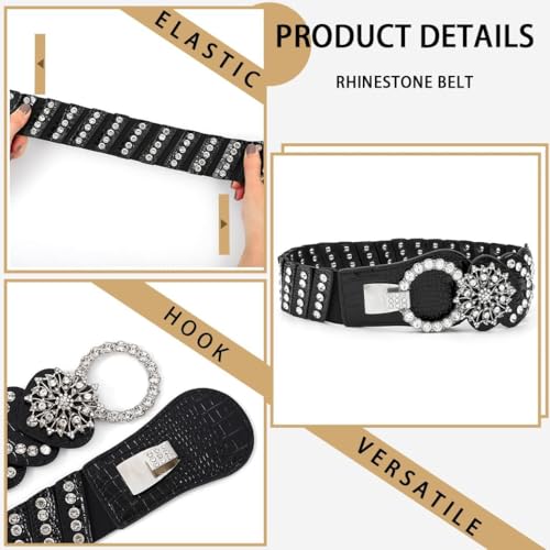 Women's Rhinestone Belt, Genuine Leather Black Crystal Stretchy Retro Wide Waist Cinch Belt for Dress4