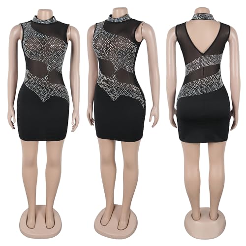Image of Jigfar Women's Sexy Rhinestone Sheer Mesh See Through Bodycon Dress Birthday Party Club Night Outfits