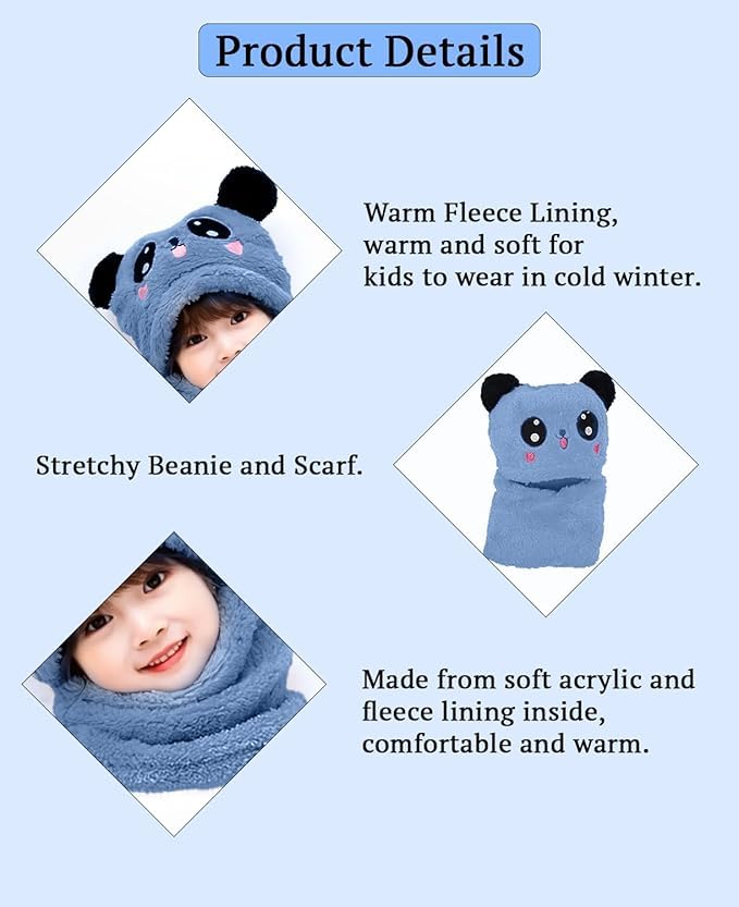 Image of TopiBaaz Cute Panda Cartoon Monkey Cap for Boys and Girls (Pack of 1) | Age - 6 Years to 12 Years |Free Size | Plush Wool | Winter Cap | Neck Scarf