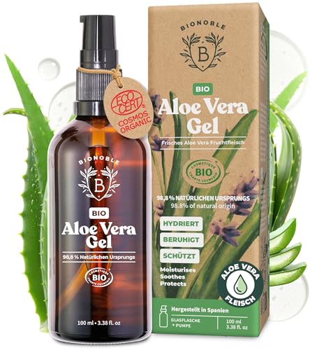 BIONOBLE Bio Aloe Vera Gel 100 Prozent Frischem Blattgel mit Ätherischem Lavendelöl - 97 % Reines Aloe Vera Gel Haare - Spendet Feuchtigkeit - Gesicht, After Sun, Körper - Glasflasche, Pumpe - 100ml