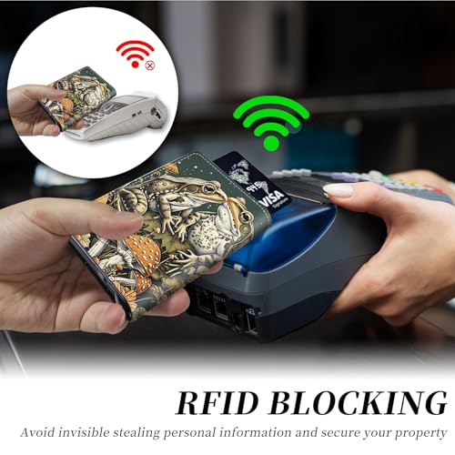 Credit Card Holder Aluminum Auto Pop Up Wallet, Slim Minimalist Credit Card Holder For Men and Women, Leather Card Case Front Pocket Trifold Wallet RFID Blocking Wallets,Cute Frog and Mushroom-13703