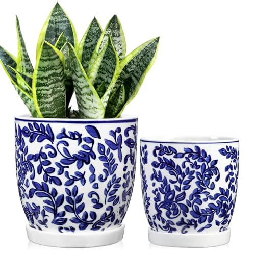 2er-Set Blau und Weiß Blumentopf Keramik Pflanztöpfe Sukkulentententöpfe mit Drainagelöchern und Untersetzern Kleiner Keramik-Pflanztopf für Sukkulenten Kaktus Indoor Outdoor Garten Fensterbank