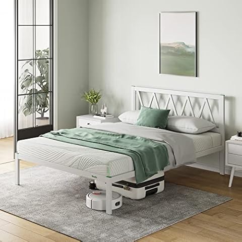 Novilla Bettgestell Metallbett 80x190 cm mit Lattenrost Metallrahmenbett Bettgestell mit Kopfteil-Design Ehebett Gästebett Weiß Cover