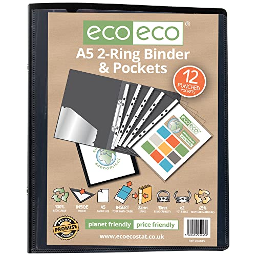 eco-eco A5 65% Recycelt 2-O-Ring-Schwarz-Farben-Präsentation Ringbuch mit 12 Multi Prospekthüllen eco045
