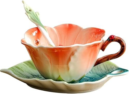 WAYUTO Juego de taza de café y platillo de cerámica 3D con cuchara, hoja de flor, taza de café, taza de té con mango decorativo, tazas florales