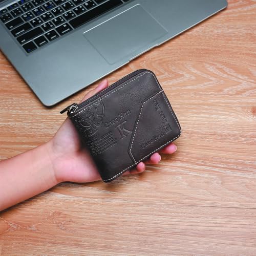 Image of Mens wallet Leather wallet men Wallet Zipper RFID Bifold Wallet for Men ID card Window Credit Card Coin Photo Multifunction Card Slots Gift for Him,Dark Brown