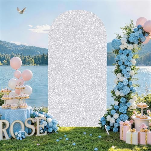 Image of Silver Glitter Balloon Arch Cover 6FT Spring Spandex Fitted Arch Backdrop Cover for Wedding Birthday Party Baby Shower Banquet Photography Background Decoration