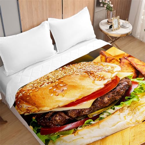 Odot Dessus de Lit Matelassé 1/2 Personnes Imprimé Hamburger Couvre Lit Dessus de Lits Doux Microfibre Couverture de Lit Courtepointe Jeté de Lit Printemps...
