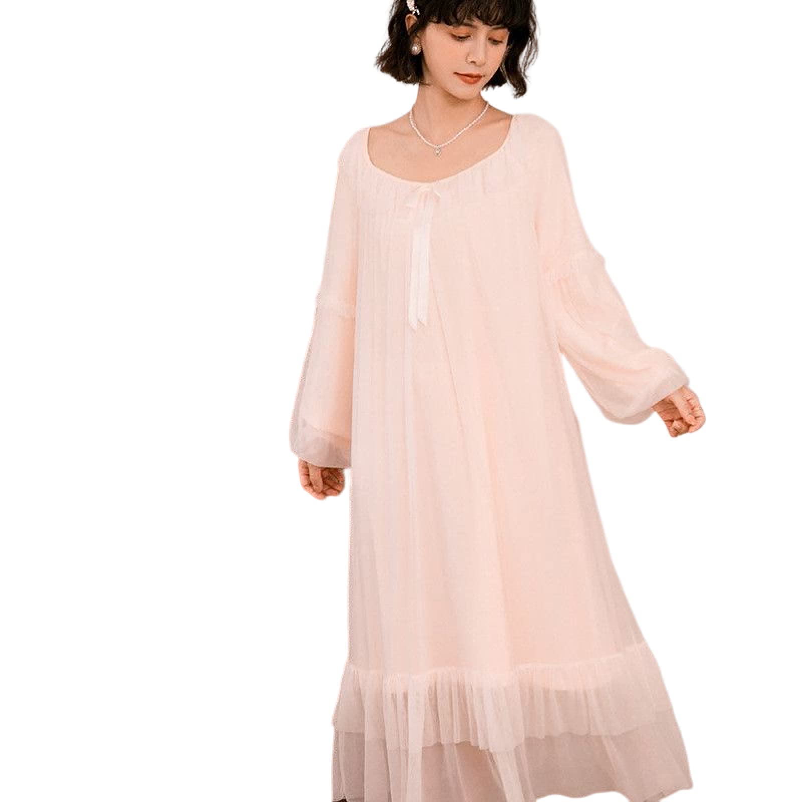OFFSUM Camicia da Notte Donna - Primavera Autunno Tinta Unita Camicia da Notte Elegante Pizzo Mesh Retro Princess Camicia da Notte Comodo Pigiameria Traspirante Abbigliamento