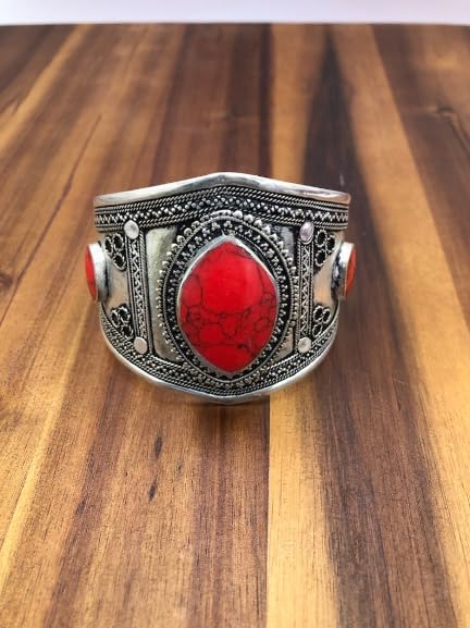Ethnic Coral Stone Handcuff Bracelet- Kuchi Handcrafted Bracelet- Ethnic Gypsy Bracelet-Adjustable Jewelry- Gemstone Bracelet