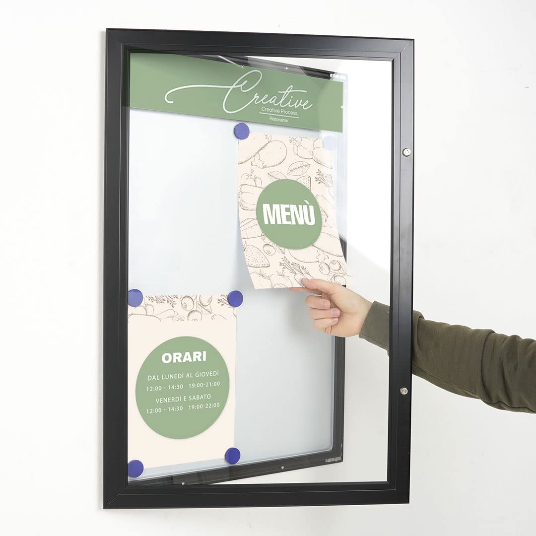 Tablón de Anuncios Exterior Negro con Cerradura, Superficie Magnética y Escribible, Fácil Montaje en Pared (4x A4)