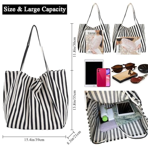 Image of Striped Canvas Tote Handbag for Women Vertical Stripe Large Capacity Shoulder Bag for Shopping Travel