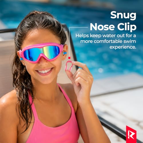 Image of ROVARS Swimming Goggles for Kids with Nose & Ear Plugs, Leakproff Full Frame with Adjustable Strap, Anti Fog and UV Protection for Boys & Girls (2100 Pink, Above 6 Years)