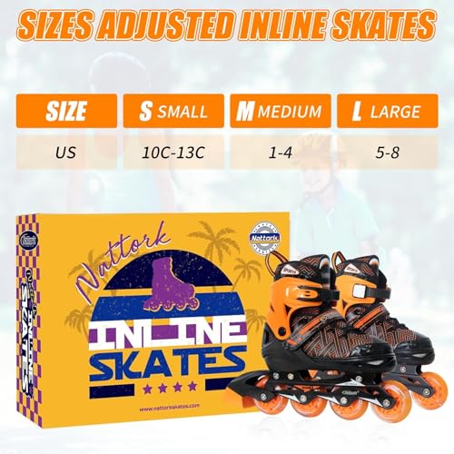 Image of Nattork Adjustable Inline Skates for Tollder Boys with Light up Wheels - Orange Little Kids Blade Roller Skating for Beginners Size 10C 11C 12C Ages 3 4 5 6