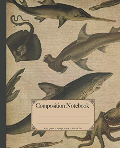 Composition Notebook: Sea life animals shark composition notebook. Vintage dictionary print style 100 page notebook college ruled. Marine notebook themed gift