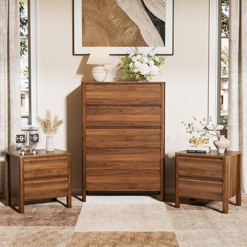 Image of Furniway Walnut Mid-Century Modern 3 Piece Bedroom Furniture Set, 5 Drawer Dresser with Handleless Wood Grain Design and Nightstands Set of 2, Minimalist Storage Dresser for Bedroom