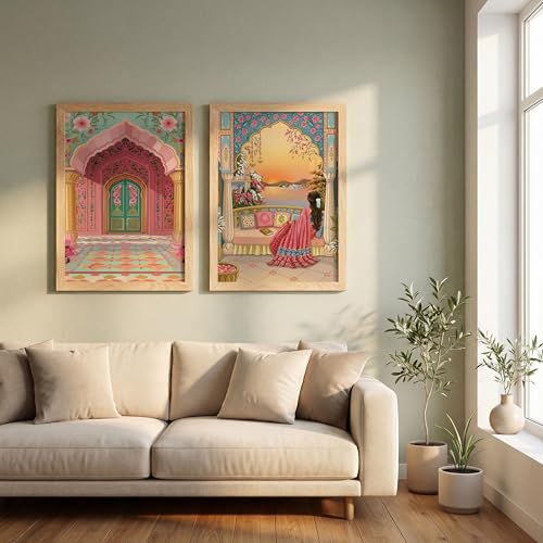 Image of Suneree Rajasthani Woman Balcony Lake View Wall Art Painting | Set of 2 Framed Paintings | Indian Aesthetic Decor for Living Room Bedroom Home Office | (ART 1, 10x13 INCHES)