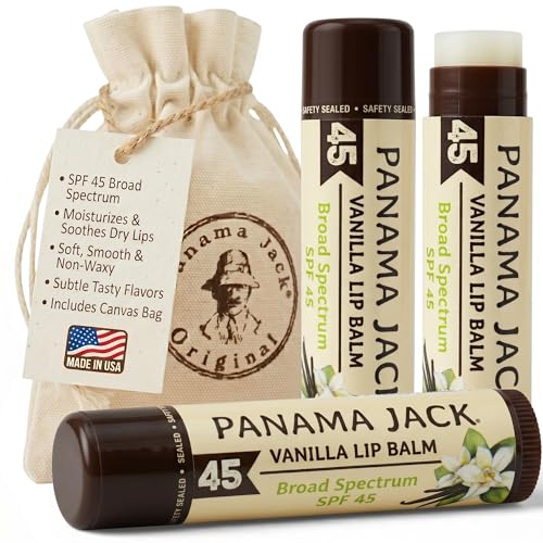 Panama Jack Sunscreen Lip Balm - SPF 45 Broad Spectrum UVA-UVB Sunscreen Protection Prevents & Soothes Dry Chapped Lips Vanilla 3-pack