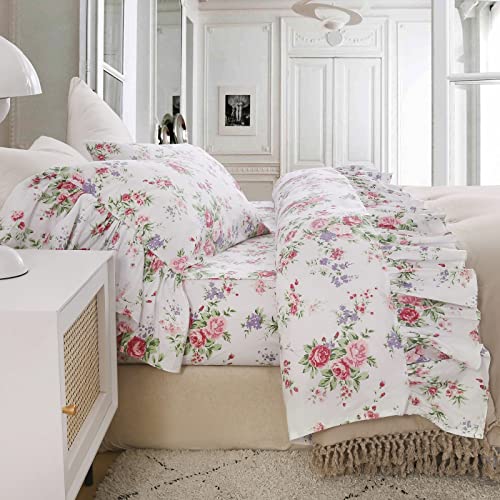 Queen's House Ruffle Floral Bed Sheet Sets 4-Piece Romantic Roses