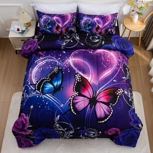 Image of A Nice Night Purple Galaxy Butterfly 6pc Bedding Girls Comforter Sets,Queen | 3D Butterflies Printed ,Bed In A Bag With Sheet Sets,Ultra Soft,Machine Washable,For Boys Girls Teen,All Seasons