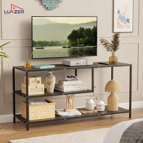 Image of Lukzer Metal & Engineered Wood TV Unit Stand Ideal for TVs Up to 43 Inch | Open Shelves for WiFi Router, Set-Top Box, Speakers & Decor | Living Room Storage Rack Organizer | MTU-001 /Black + Black