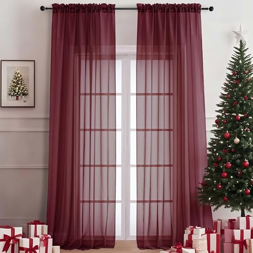 Image of OVZME Wine Sheer Curtains 108 Inches Long 2 Panels Set, 59 Inch Extra Wide Lightweight Airy Wine Sheer Curtain for Living Room Bedroom, Filmy Voile Rod Pocket, 59Wx108L Inches