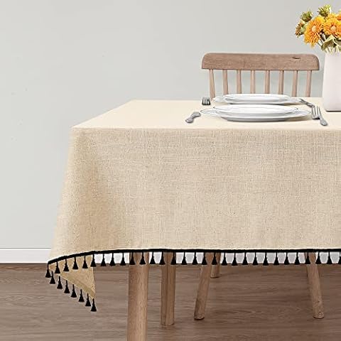 Linen Table Cloth with Tassel, Rectangle Tablecloth for Kitchen Dining Room, Water Resistant Burlap Table Cloths, Decorative Oblong Table Cover for Indoor and Outdoor Use,55 x 70 Inch 4-6 Seat,Black Cover