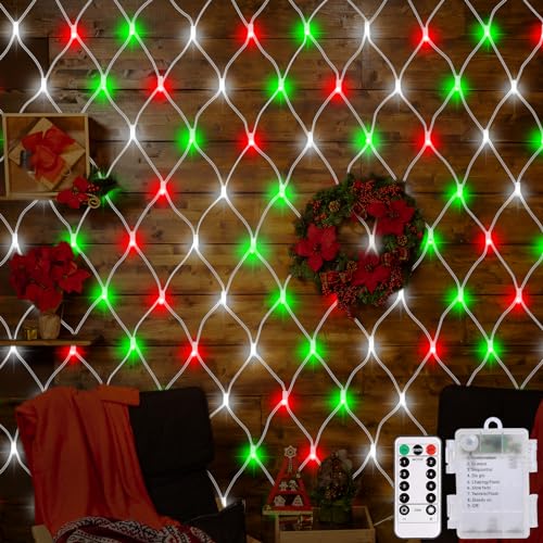 CCILAND Red de luces de Navidad rojas, blancas y verdes, funciona con pilas, 1,5 m x 1,5 m, 100 luces LED de malla de hadas, 8 modos con control remoto, luces de red LED para decoración de jardín y